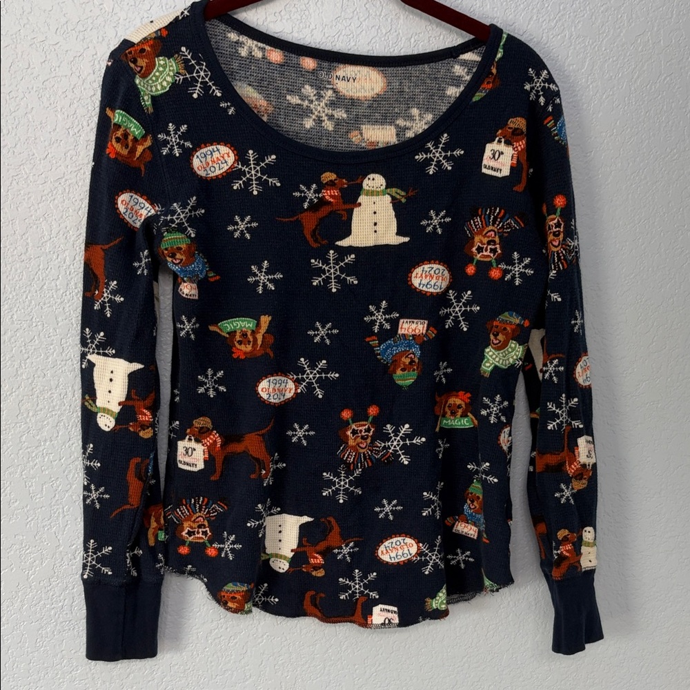 Old Navy Christmas Knit Waffle Long Sleeve Top Navy Blue With Dogs/Snowflake’s